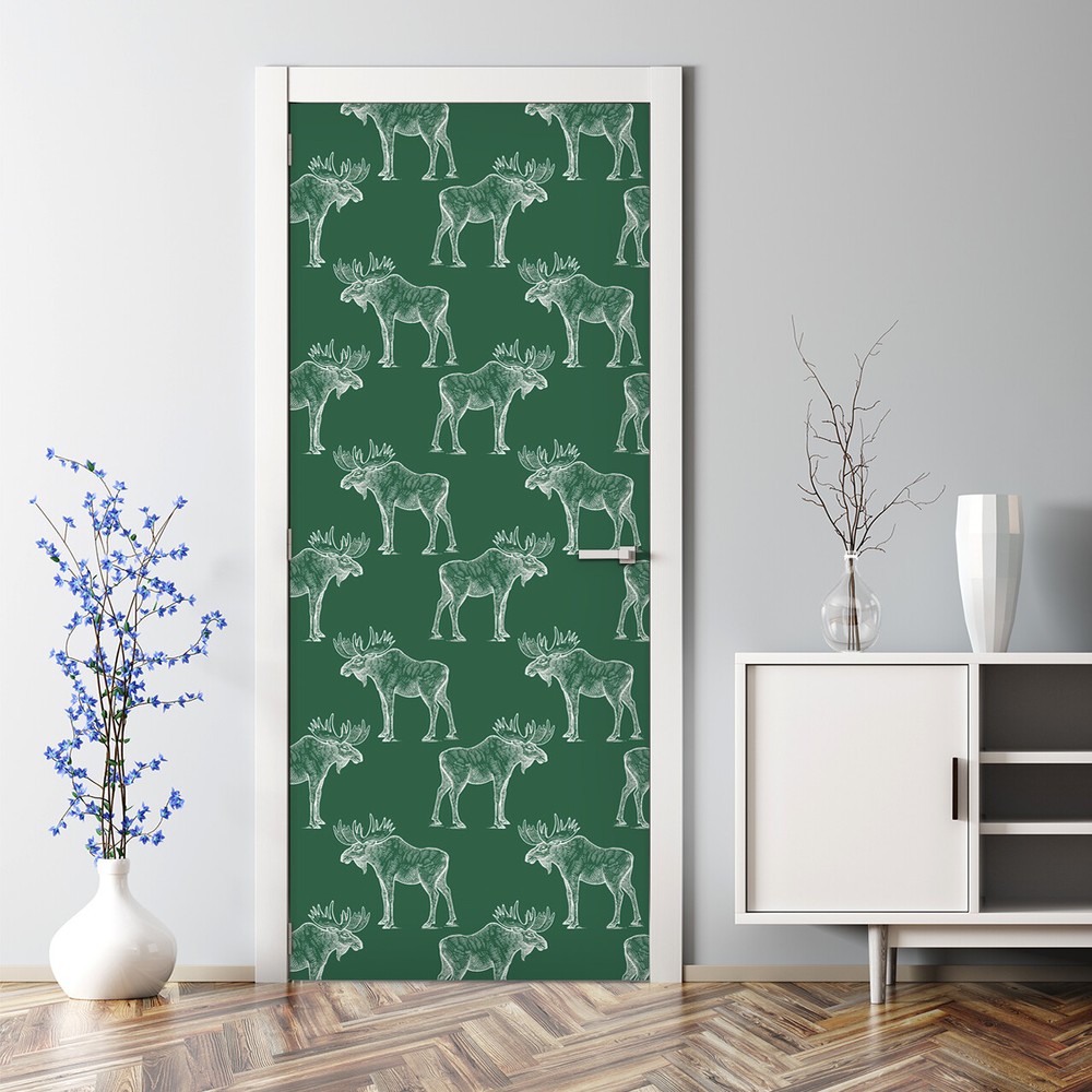 Northern Reindeer Bubble-Free Door Sticker White and Green Home Decor