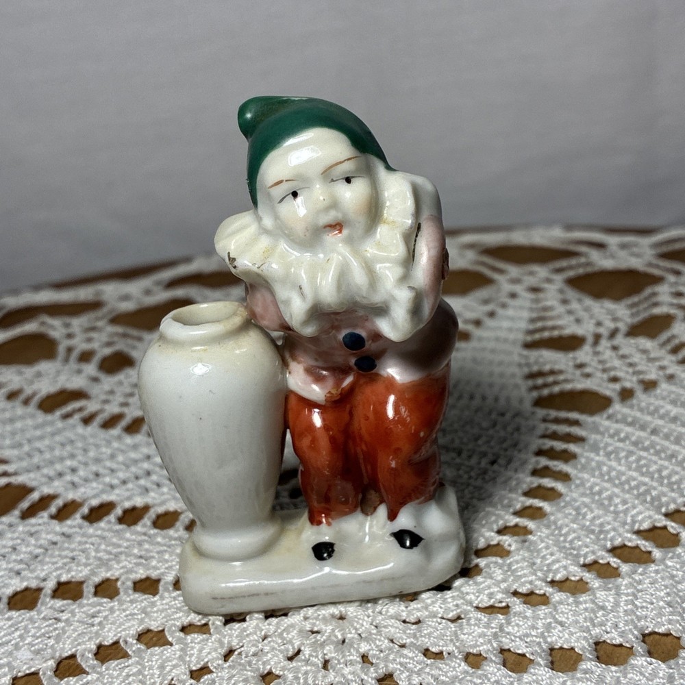 Toothpick Holder Vase Glass Clown    2.75” Tall. Orange Green Occupied Japan