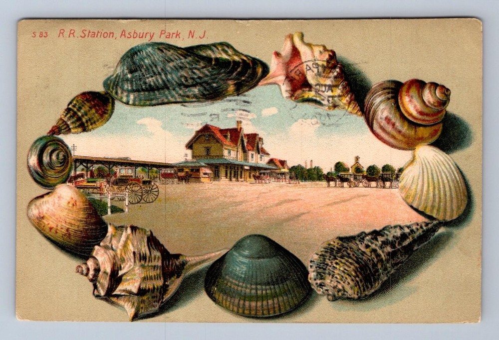 Train Depot Asbury Park New Jersey S83 Langsdorf Shell Border Postcard 1909