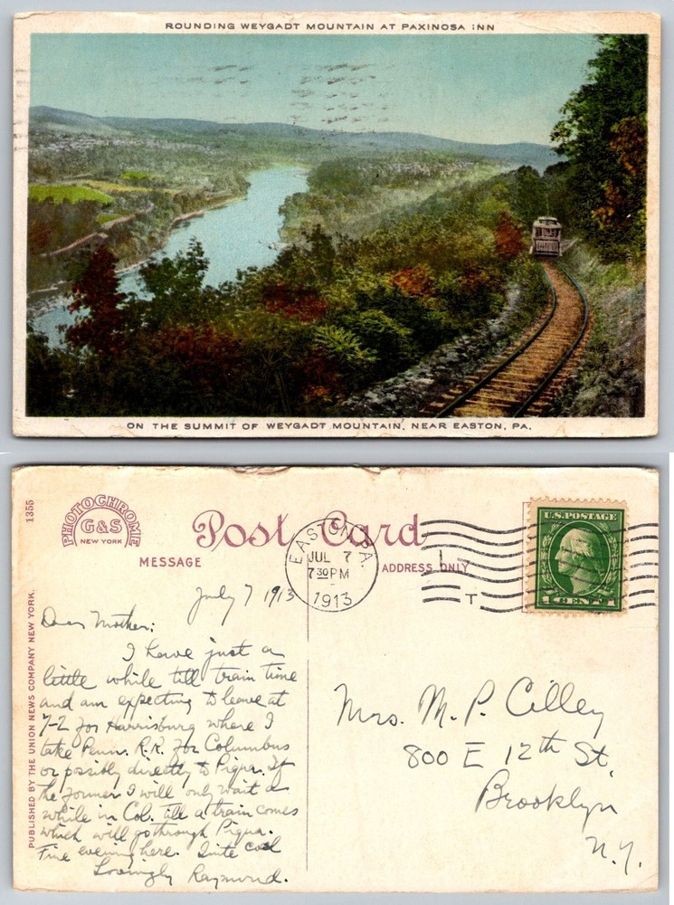 1913 Weygadt Mountain Easton PA Paxinosa Inn Train River Valley Postcard