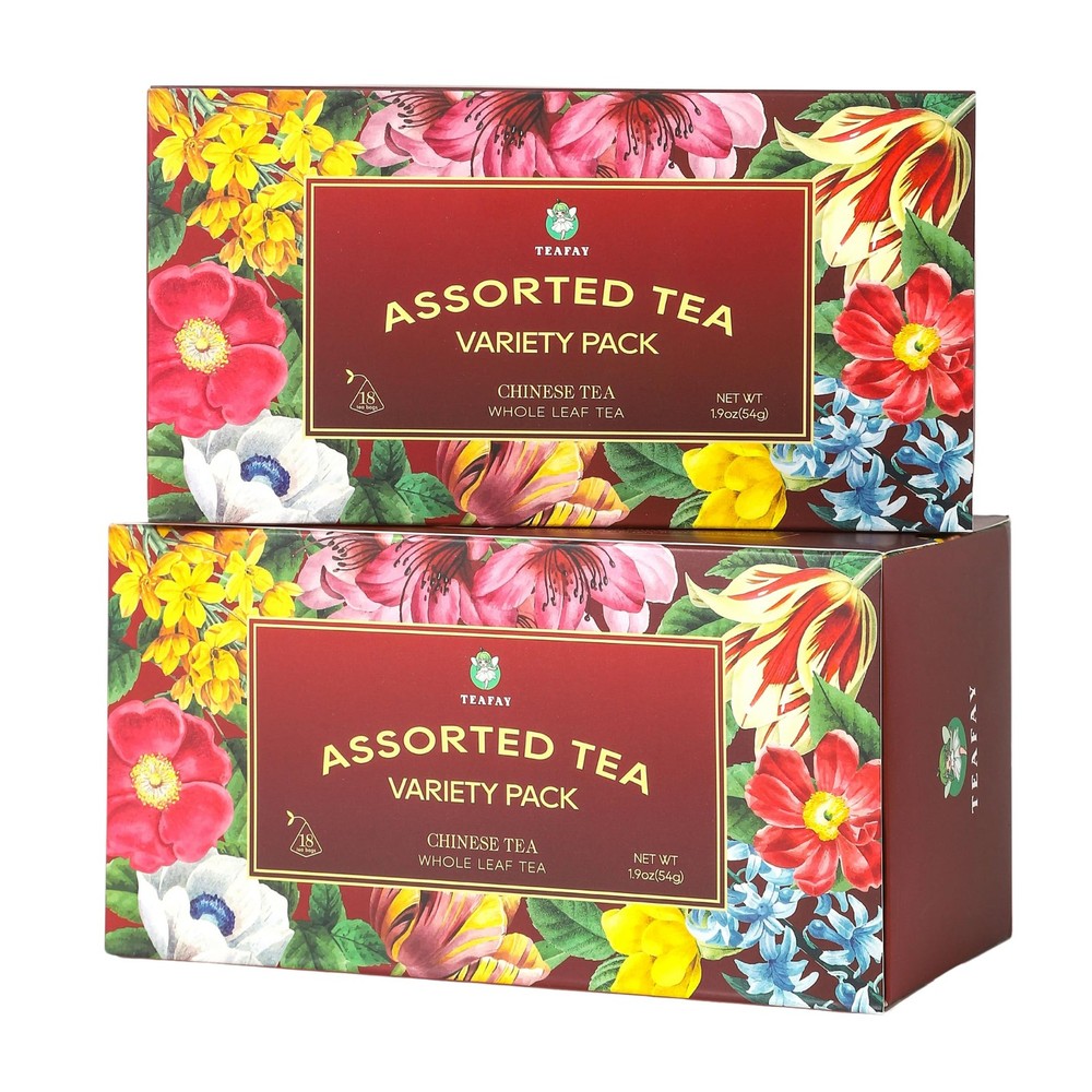 Assorted Tea Sampler – 9 Flavors, 18 Individually Wrapped Pyramid Tea Bags, 100%