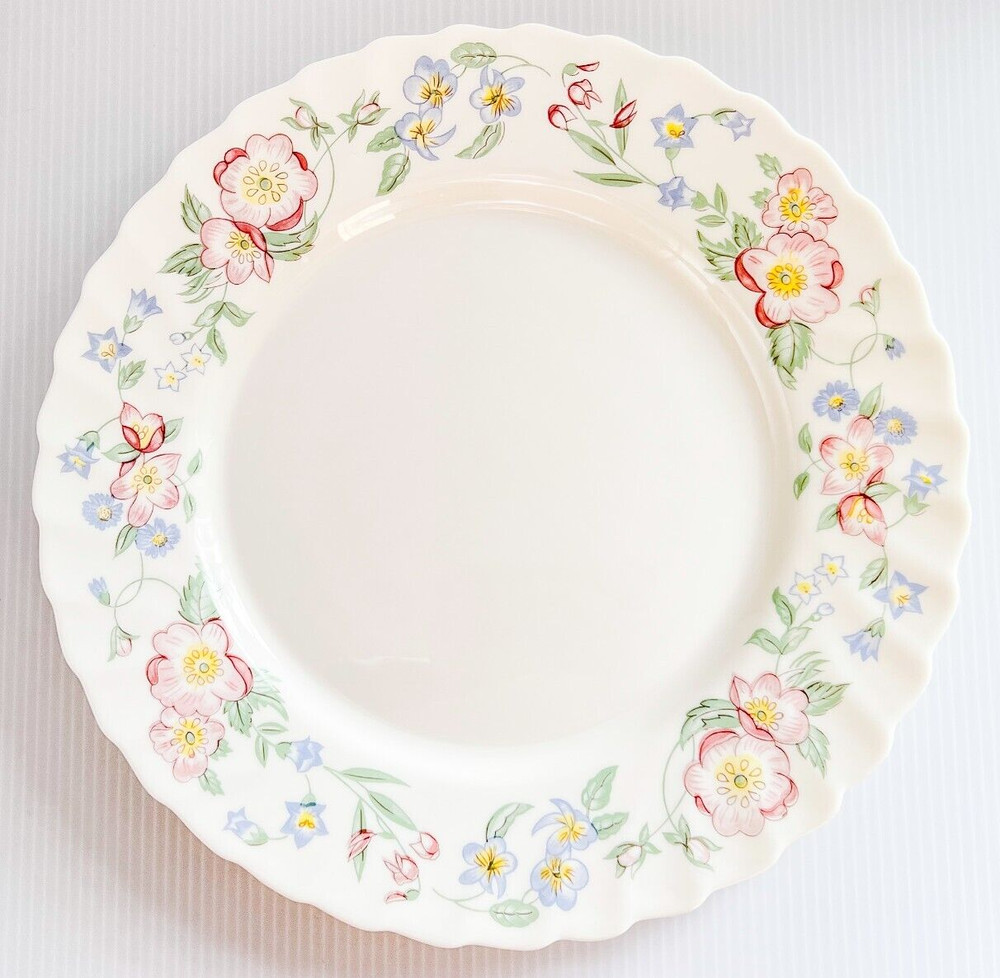 Vintage Arcopal Champetre Milk Glass Dinner Plate, Blue & Pink Flowers