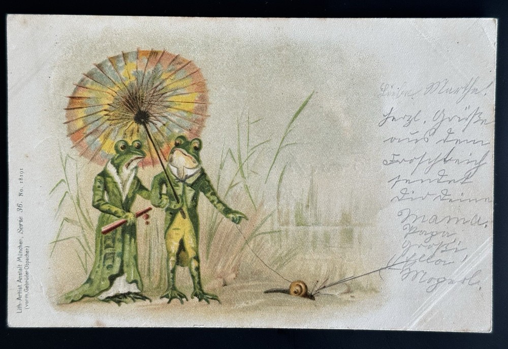 Antique German Frog Postcard Parasol Courtship Scene Munich 1899