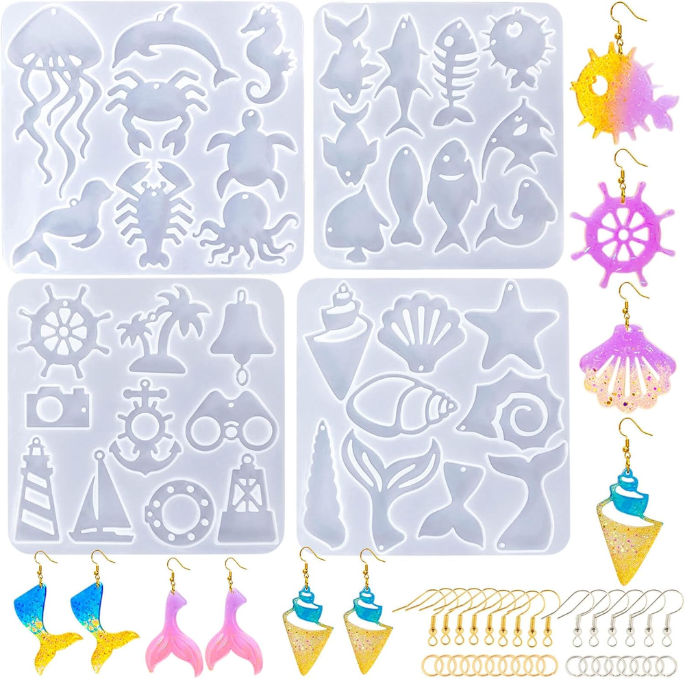 204Pcs Resin Earring Molds Ocean Marine Life Jewelry UV Resin Jellyfish Shell St