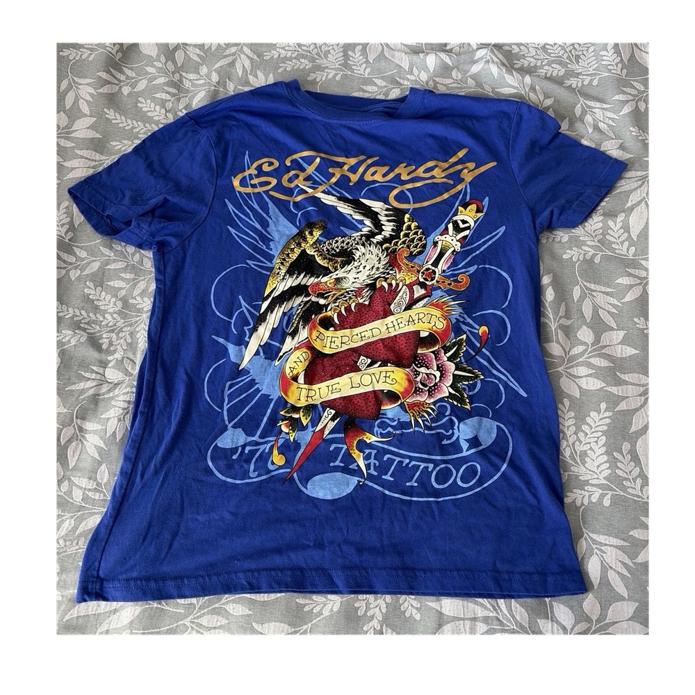 Ed Hardy Blue Tattoo Graphic Print Men's Crew Neck T-Shirt Size S
