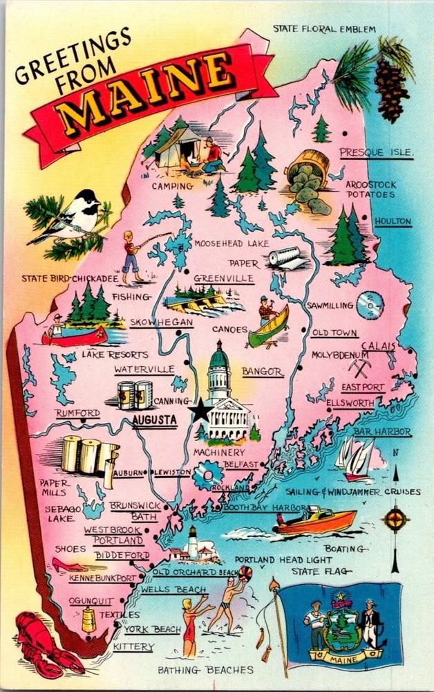 Vintage Greetings from Maine Map Postcard Pine Tree State Tichnor Bros