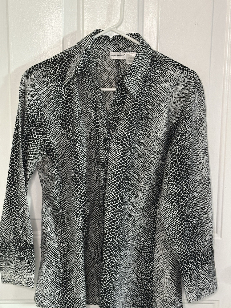 Harve Benard Black White Animal Print Cotton Collared Long Sleeve Blouse Size L