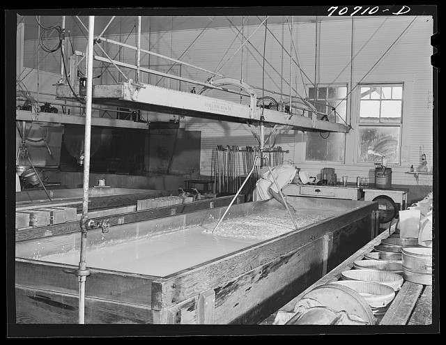 Photo:Tillamook Oregon 1941 Cheese Plant Worker Testing Milk Curds Vats