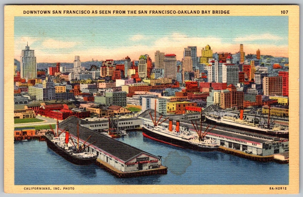 Vtg Linen Postcard Bay Bridge Downtown Skyline San Francisco, CA 1940s