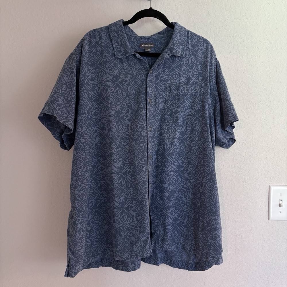 Eddie Bauer Shirt Mens XXL Blue Pattern Linen Cotton Short Sleeve Button Down