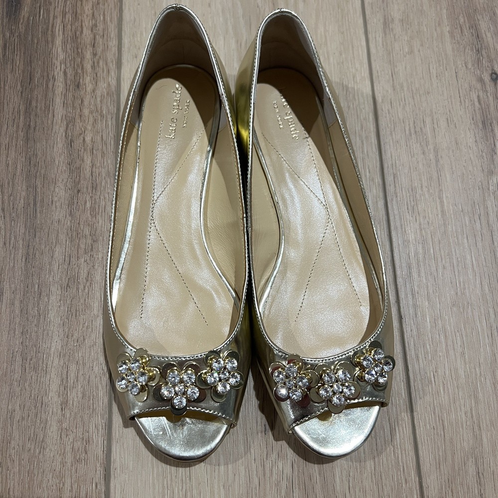 Kate Spade Gold Floral Embellished Ballet Flats Size 8