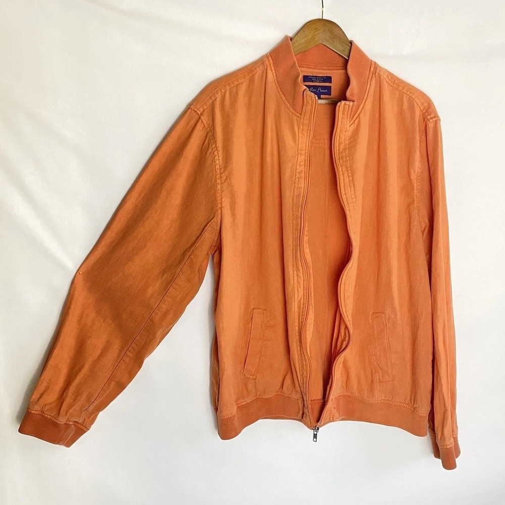 Vintage Alan Flusser Jacket Linen Cotton Orange Lightweight Zip Bomber Style XL