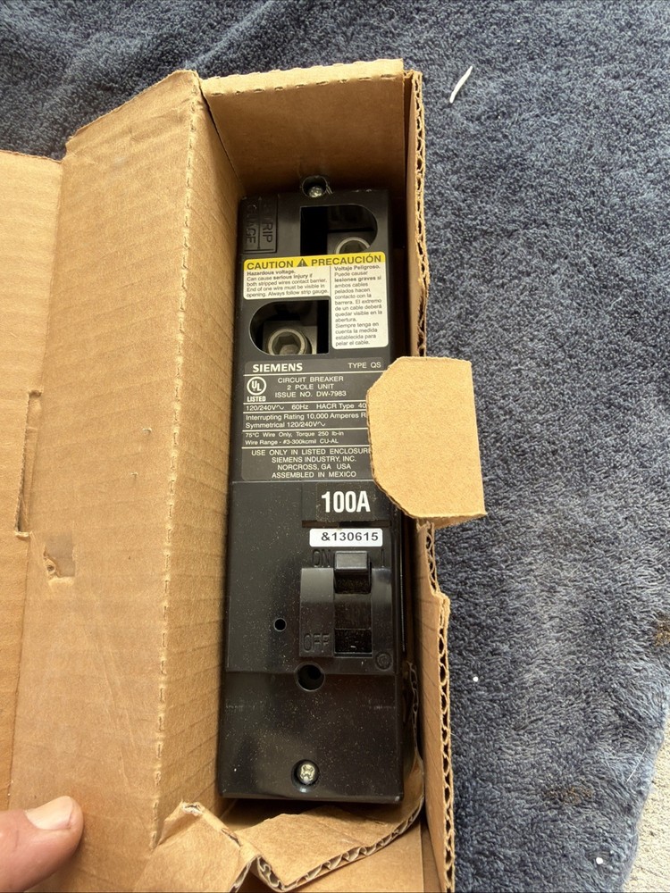 Siemens QS2100 Plug-In Circuit Breaker 240V 100A 2-Pole 22kA 240V New In Box