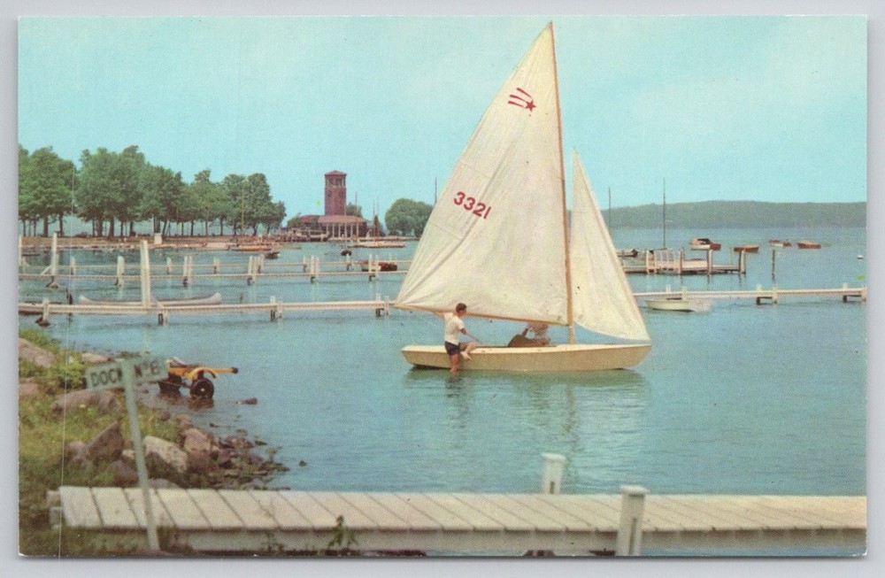 Chautauqua Lake NY Miller Bell Tower Sailboat Curteichcolor Postcard