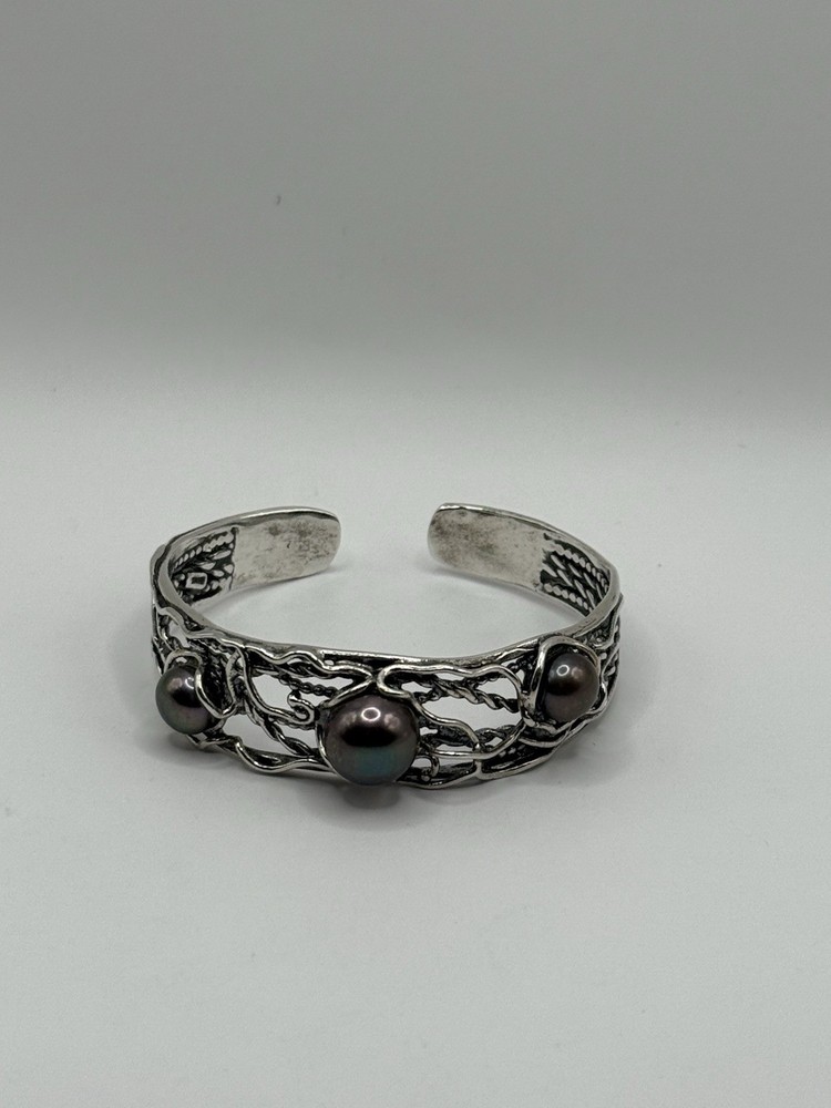 White Cultured Dark Pearl Sterling Silver Cuff Bracelet