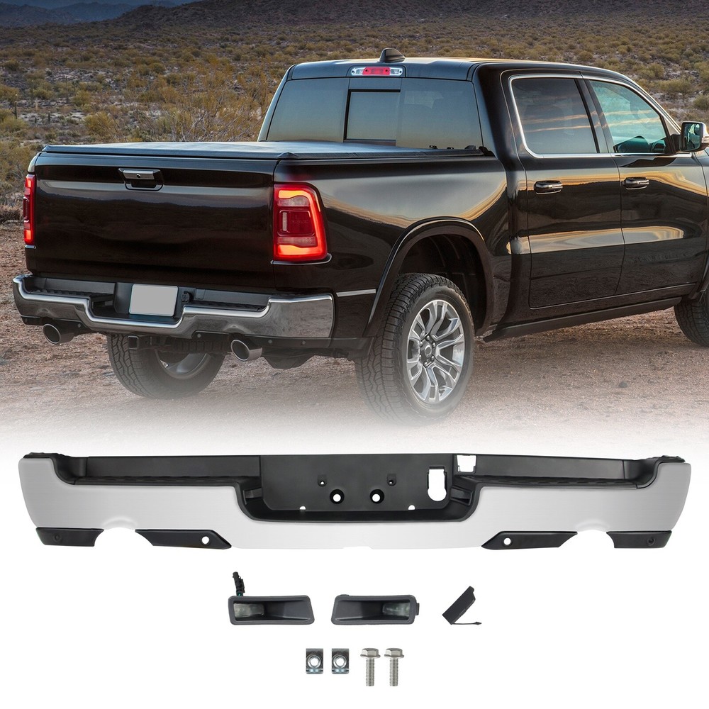 Chrome Steel Rear Bumper Assembly for 2019-2024 RAM 1500 w/Dual Exhaust w/Park