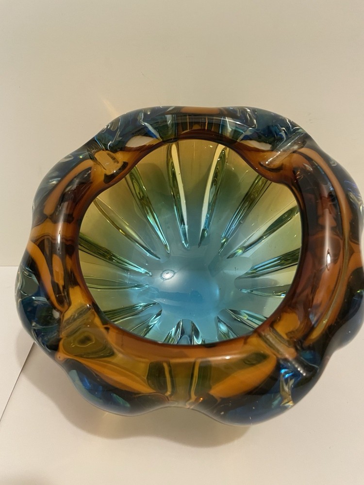Vintage Heavy Hand Blown Murano Glass Ashtray/Bowl Blue/Amber/Green