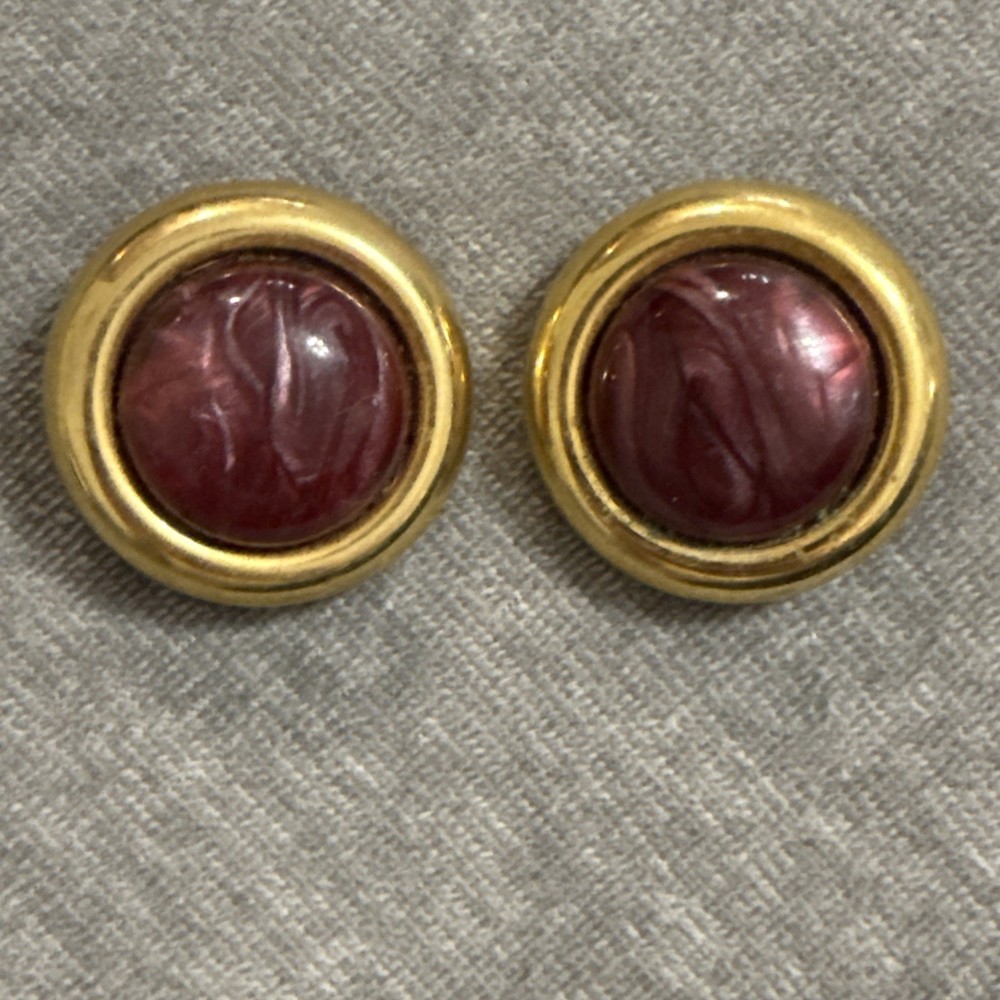 Vintage Gold Tone Marbled Cabochon Maroon Clip-on Earrings Huge 80s Classic