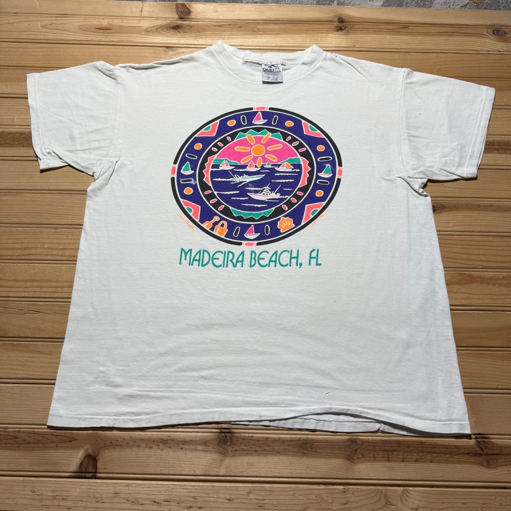 Vintage 90s Madeira Beach Florida Boating Nautical Sunset Graphic T-Shirt USA XL