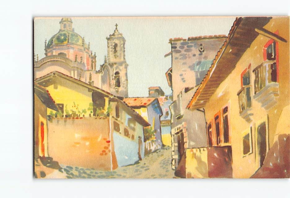 Postcard Taxco Guerrero Mexico Santa Prisca Church Street Scene Art Gro Vintage