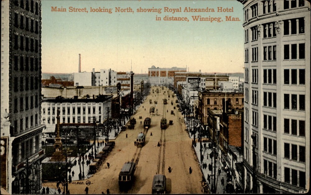 Winnipeg Manitoba Canada Main Street aerial view trolley  unused postcard sku037