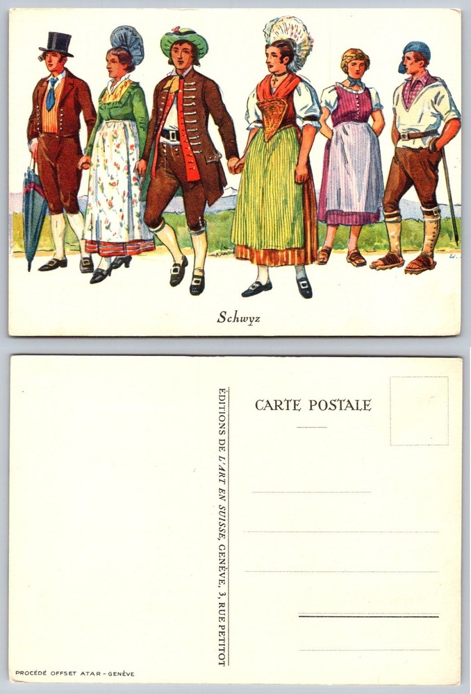 Schwyz Switzerland Traditional Swiss Costumes Folk Dress Postcard Offset
