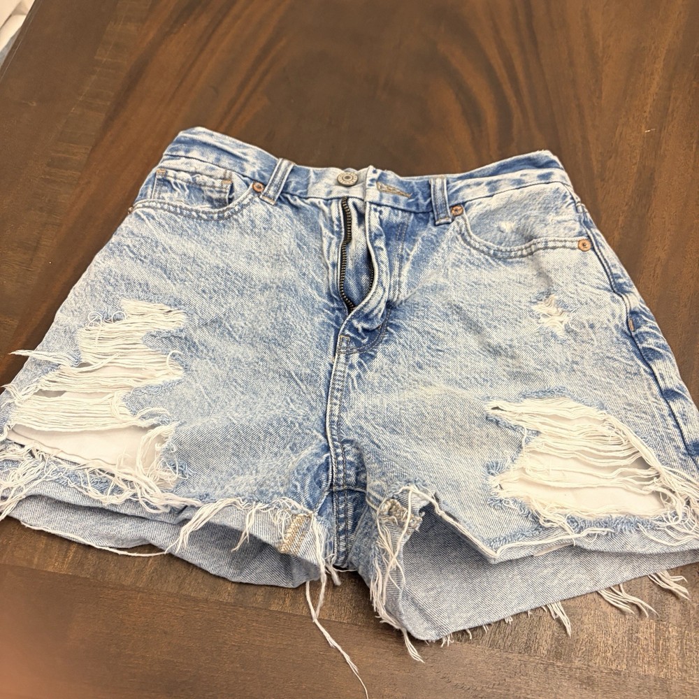 American Eagle High Rise Shortie Jean Shorts Stretch Distressed Denim Size 00