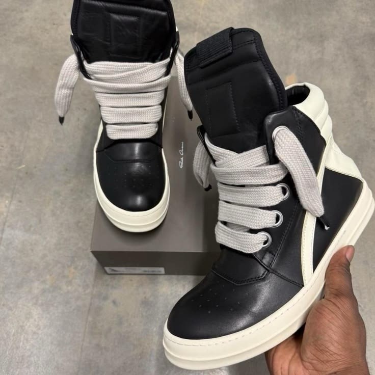 Rick Owens Geobasket Black White Leather High-Top Men's Sneakers Punk Casual