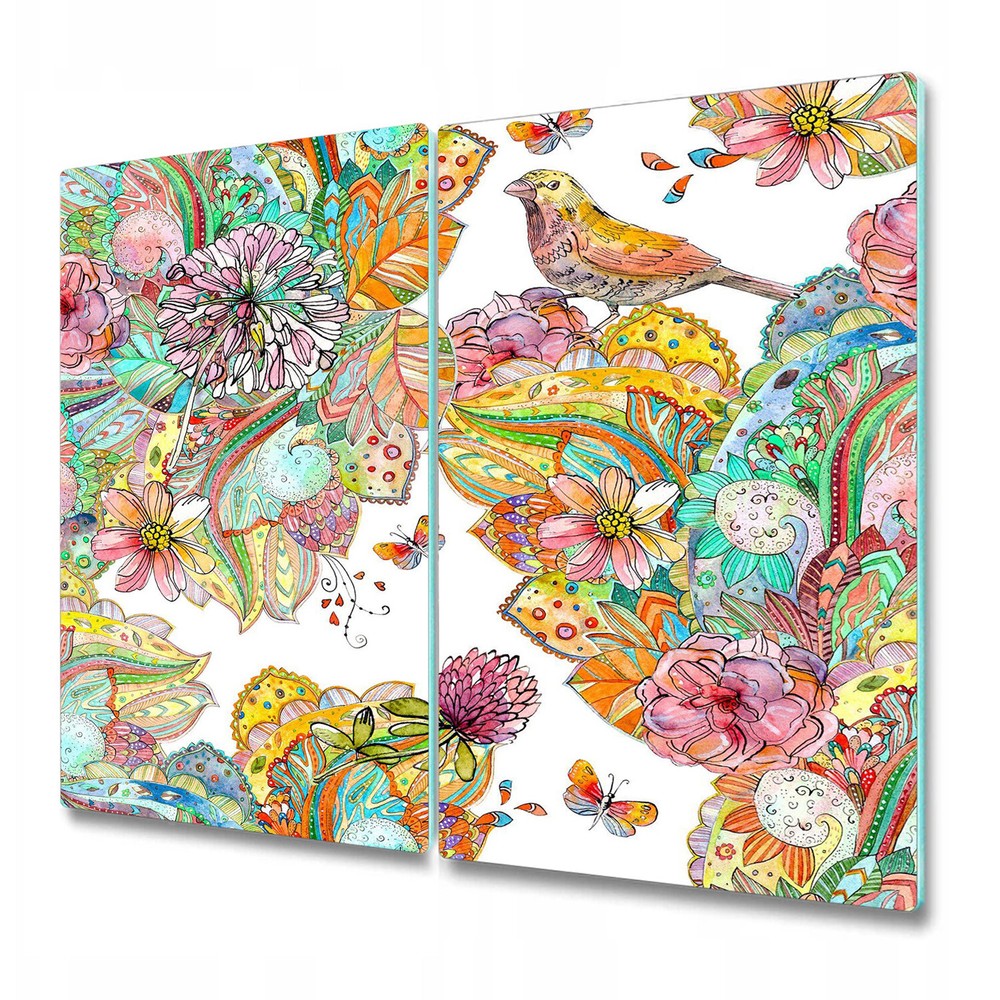 Glass Bread Board Surface Protector Colourful Mandala Style Birds Leaves 2x30x52