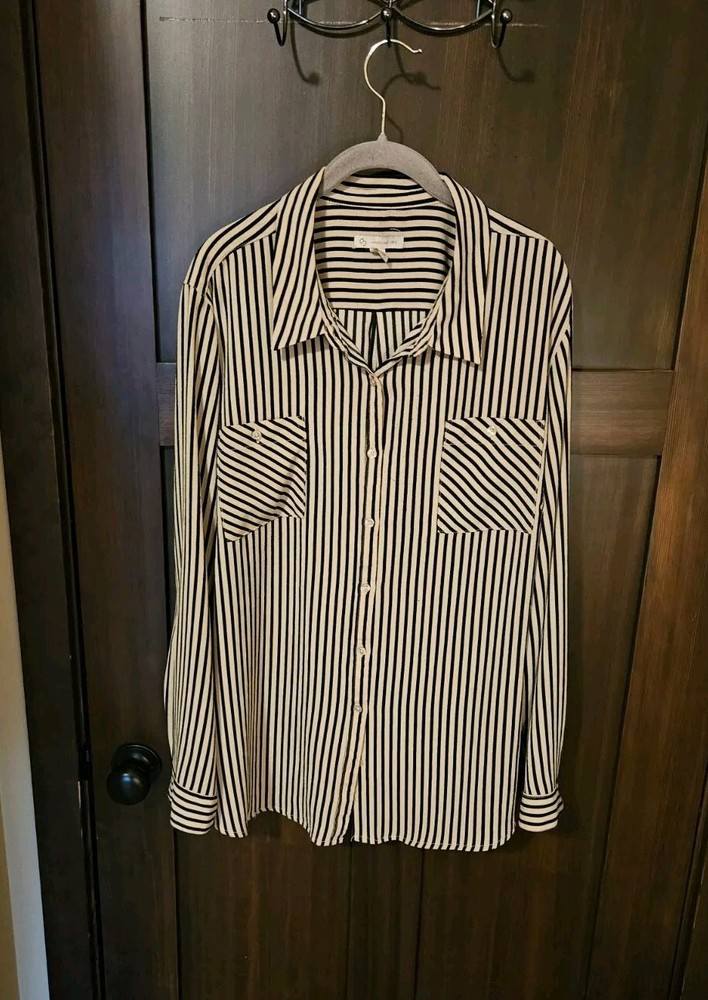 EUC Women's Plus Button Up Roll-Tab Sleeves Striped Button Up Shirt Top Size 3X