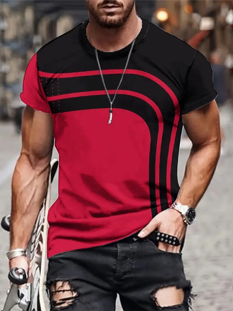 Camiseta Geometría abstracta Novedad Rojo Negro Gráfico Camisa manga corta suave