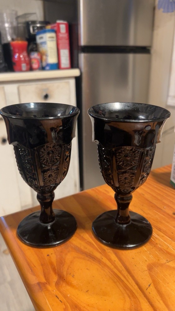 Vintage Indiana Glass Tiara Black Paneled Daisy Monarch Wine Water Goblets MINT