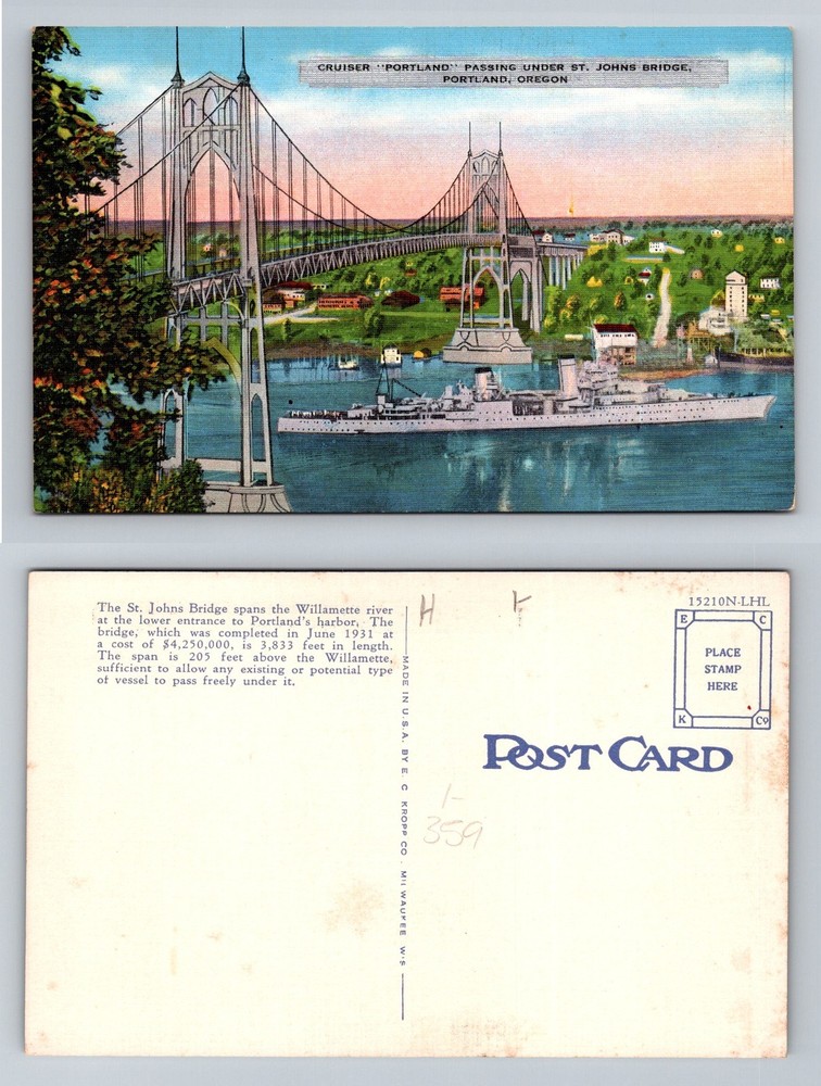 Portland, OR-Oregon, St Johns Bridge Cruiser Willamette River Vintage Postcard