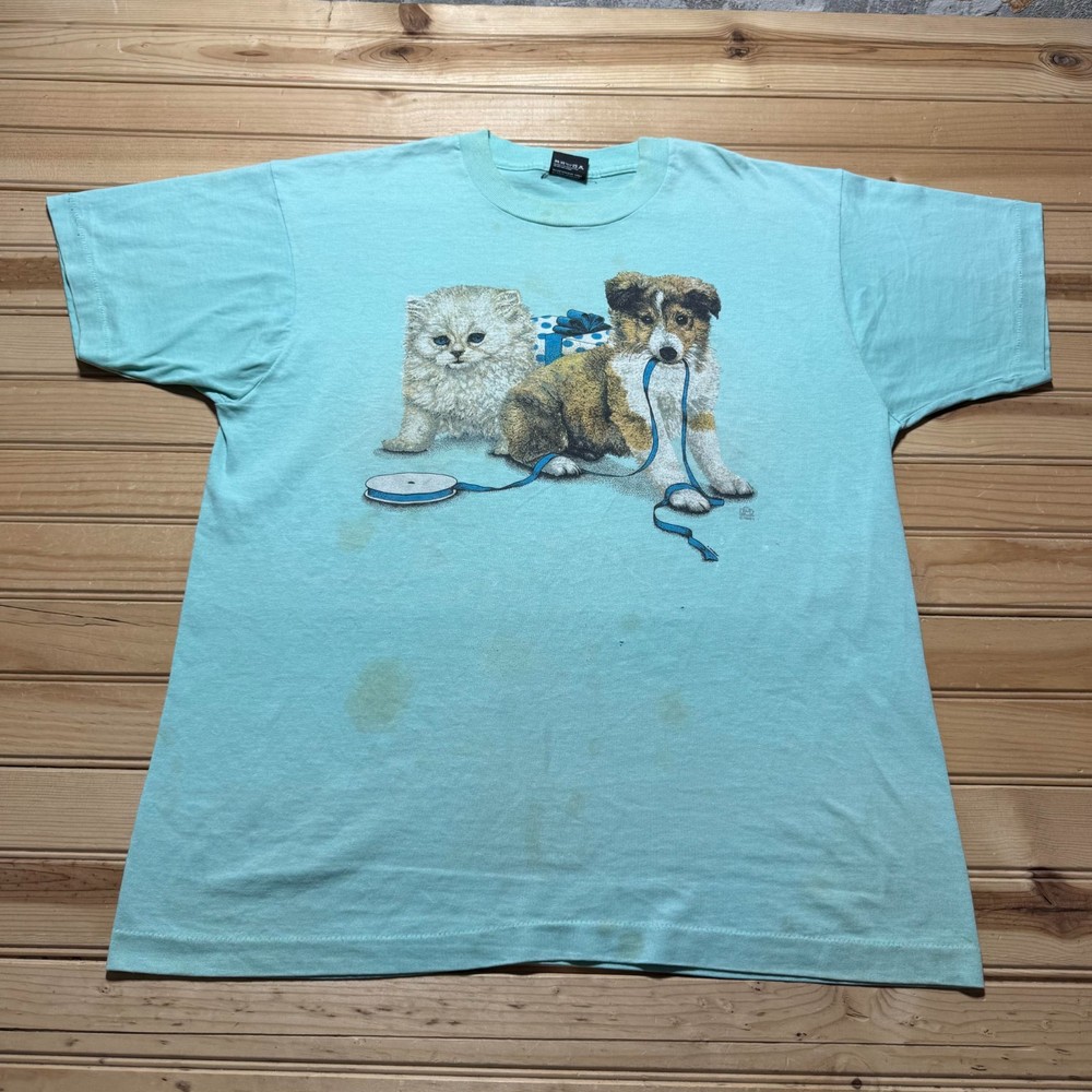 Vintage 90s 1991 Cat Dog Pets Ribbon Gift Single Stitch T-Shirt USA Made Size XL