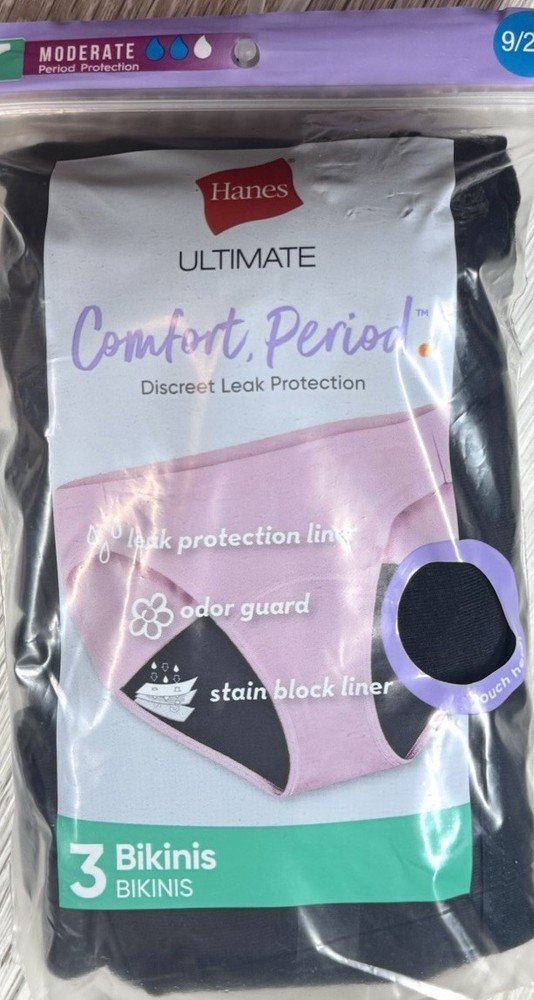 Hanes Women’s Period Bikinis Leak Protection Panties BLACK 3-Pack Size 9 2XL