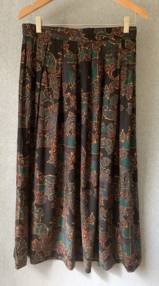 VTG Worthington Maxi Skirt Sz 14 Dark Paisley Rayon Made in USA Pleated Academia