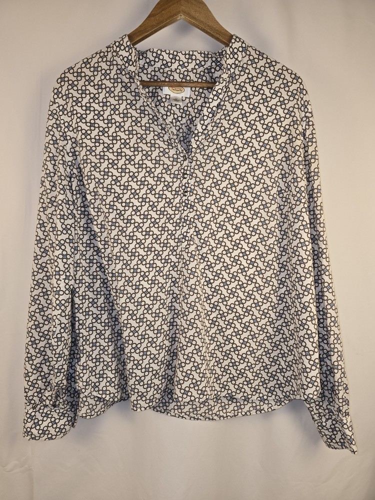 Women's Talbots White Gray Blue Voile Peasant Long Sleeve Blouse Size XL