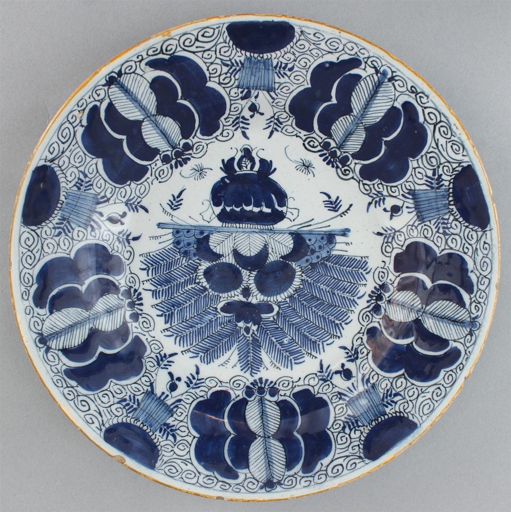 Antique 18thC Signed DELFT Pottery Painted Blue & White Faience Peacock Plate NR