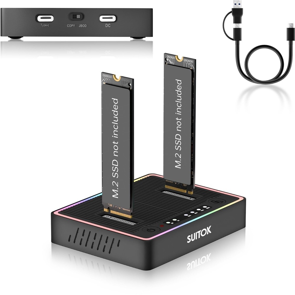 M.2 Duplicator Cloner Dual-Bay Offline USB C to NVMe SATA Dock Station, 20Gbp...