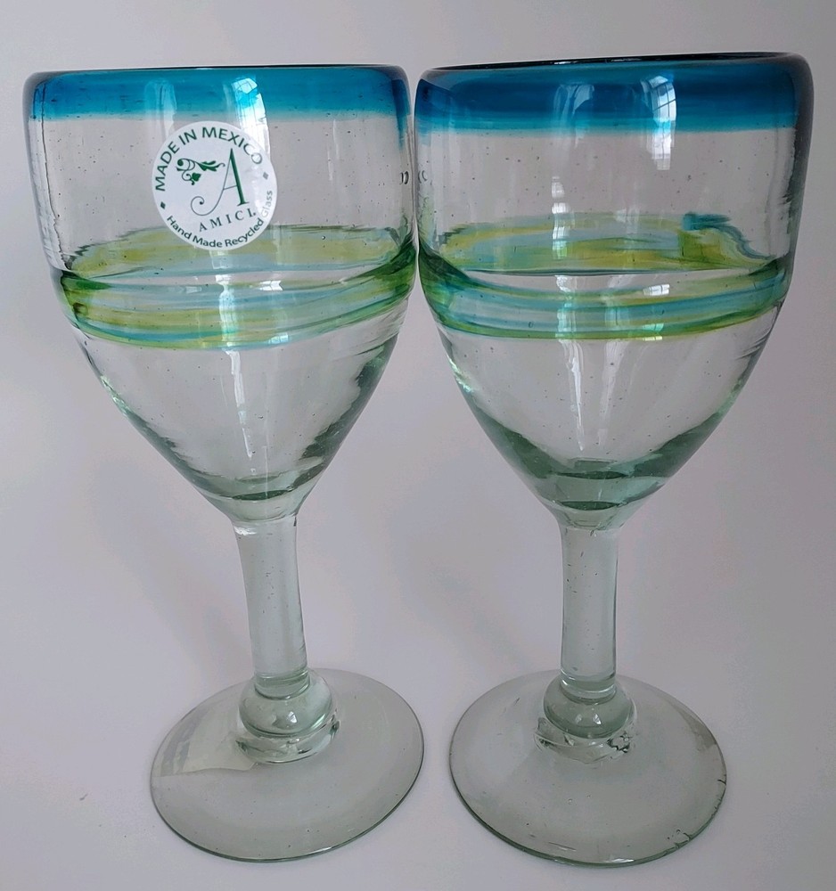 Set Of 2 Handblown Thick Mexican Wine Goblets Green Blue Clear Recycled Glass