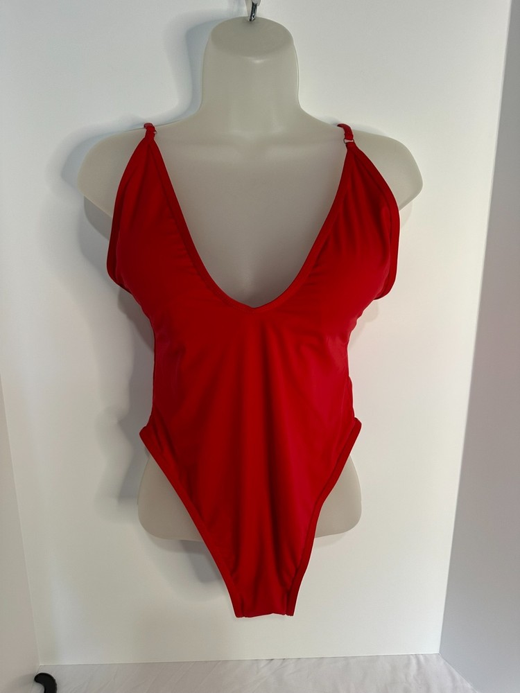 NWOT Women's Sexy V Neck One Piece Thong Swimsuit High Cut Red, SZ Large