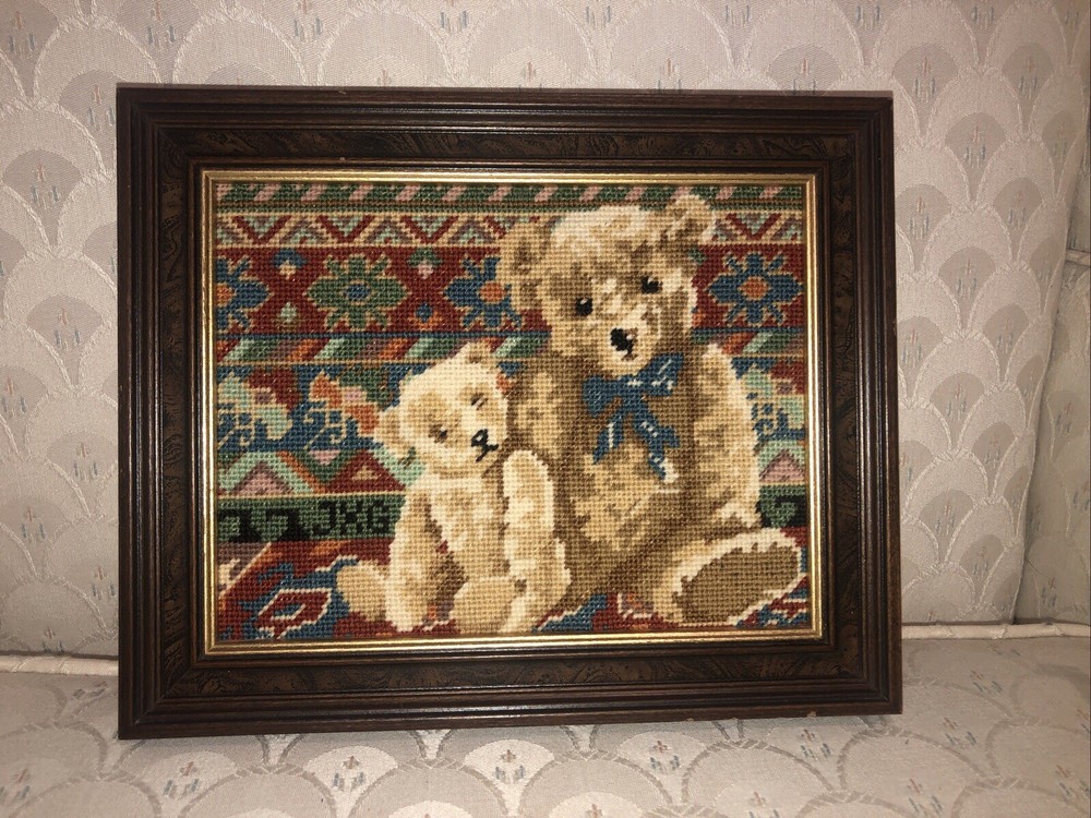 Needlepoint Hand Done Teddy bear Picture Nicely Framed Professionally