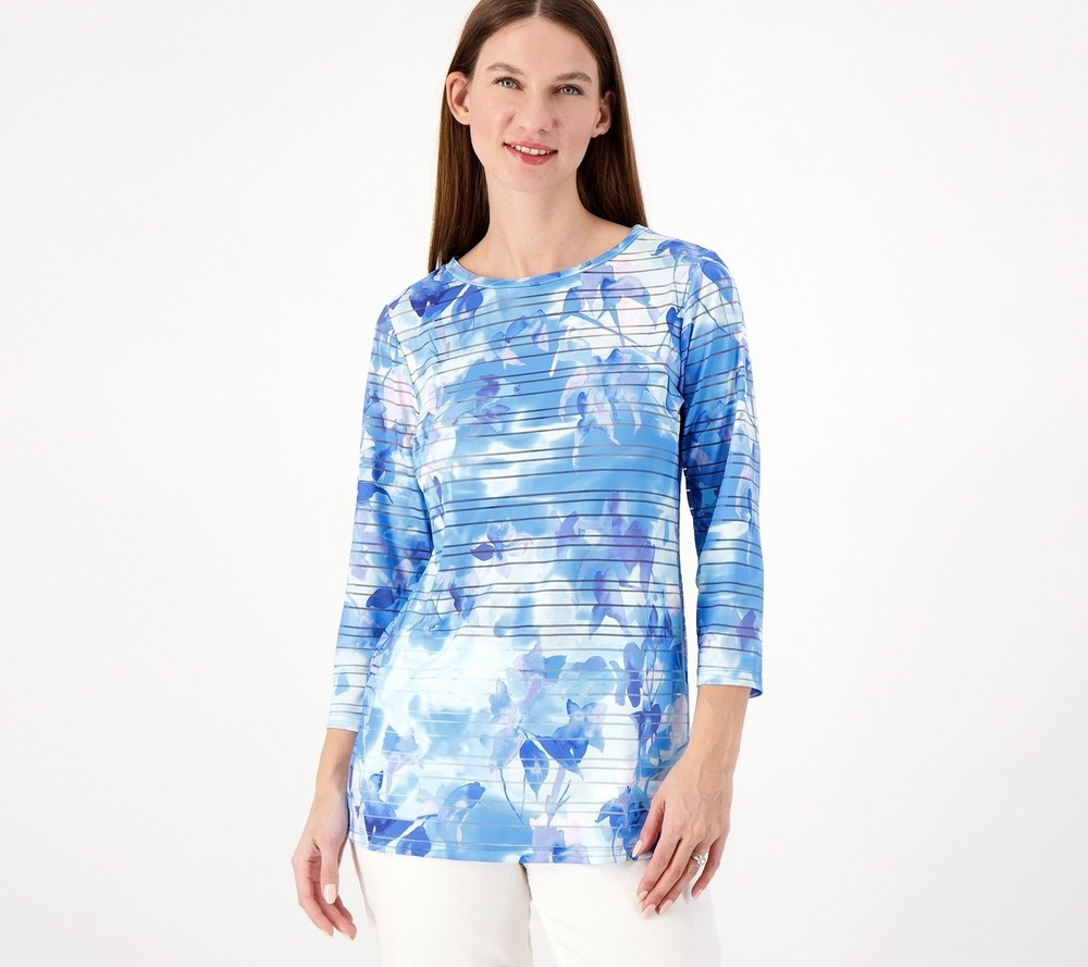 Susan Graver Women's Top Petite PL Passport Printed Shadow Multi-colored A602017