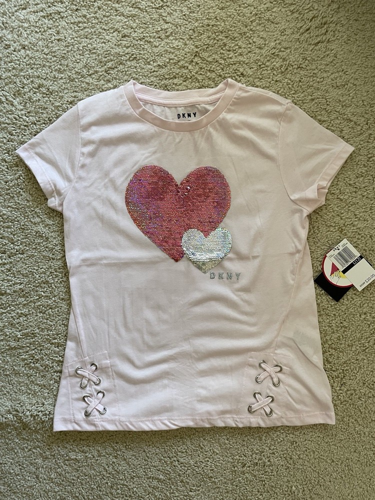 DKNY Girls' Flip Sequins Heart T-Shirt - light pink Size L (12) NWT