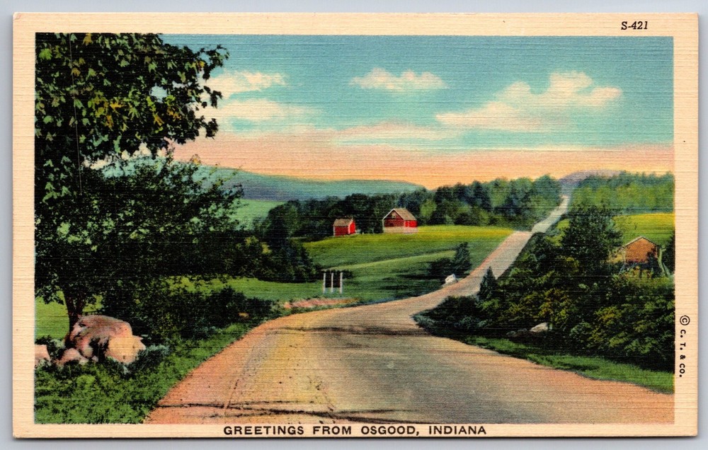 Osgood Indiana~Barns & Field From Highway Greeting~Vintage Linen Postcard