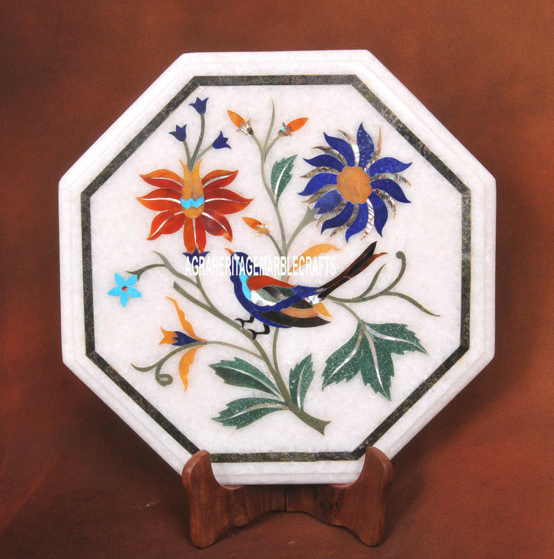 White Marble Inlay Table Top with Multi Birds Floral Art Home Decor H3727