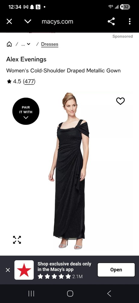 Alex Evenings Women's Cold-Shoulder Draped Metallic Gown Dress Size 10 NWT