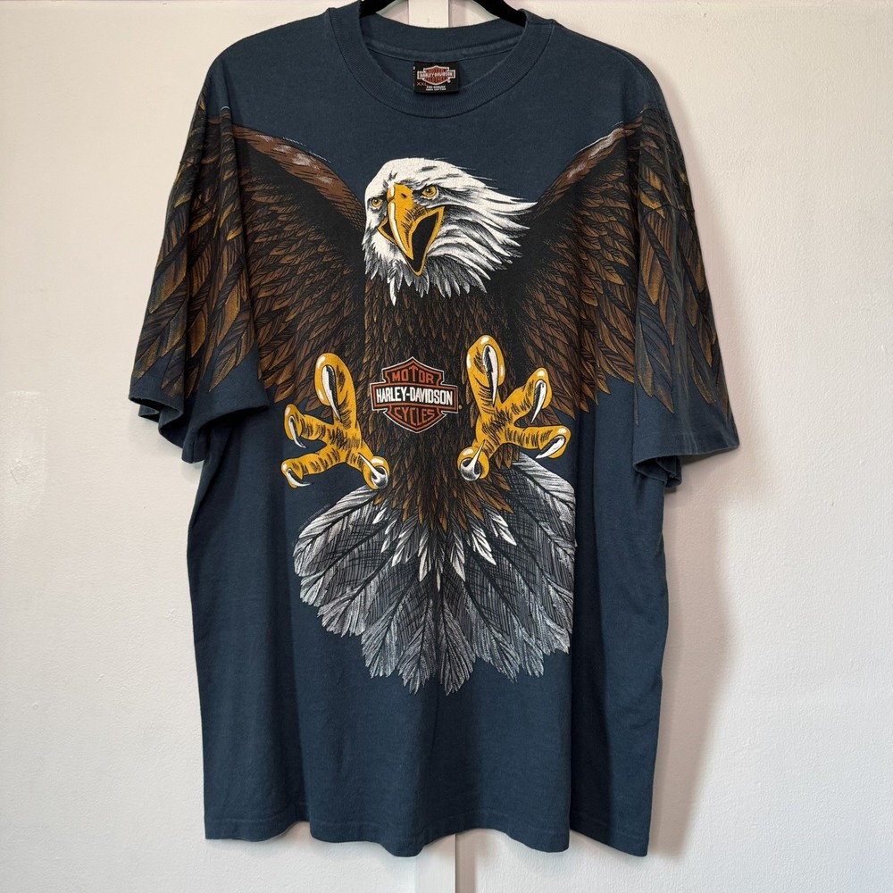 Vtg Harley Davidson 90s AOP Bald Eagle T-Shirt Size XXL Single Stitch NC USA
