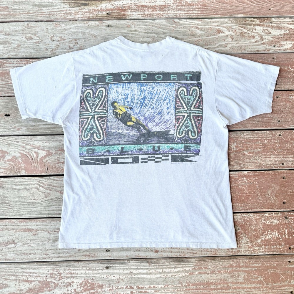 Vintage 90s Newport Blue Surf T-Shirt Mens XL White Single Stitch Hawaiian 1992