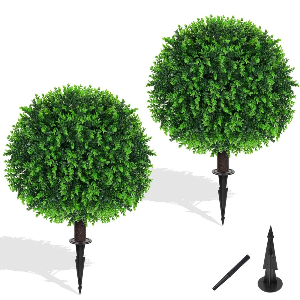 Yangrass Artificial Eucalyptus Topiary Ball Trees with Ground Spike, Set of 2...